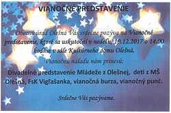 Vianočné predstavenie v nedeľu 10.12.2017 o 14.00 hodine v sále Kultúrneho domu Olešná