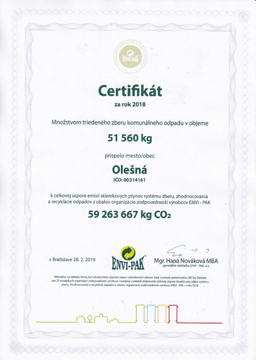 Certifikát za rok 2018 - Množstvo triedeného zberu