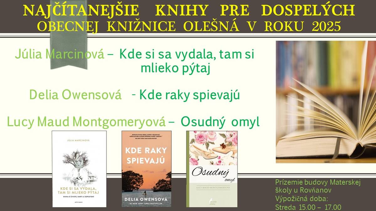 Najčítanejšie knihy dospelí v Obecnej knižnici Olešná v roku 2025
