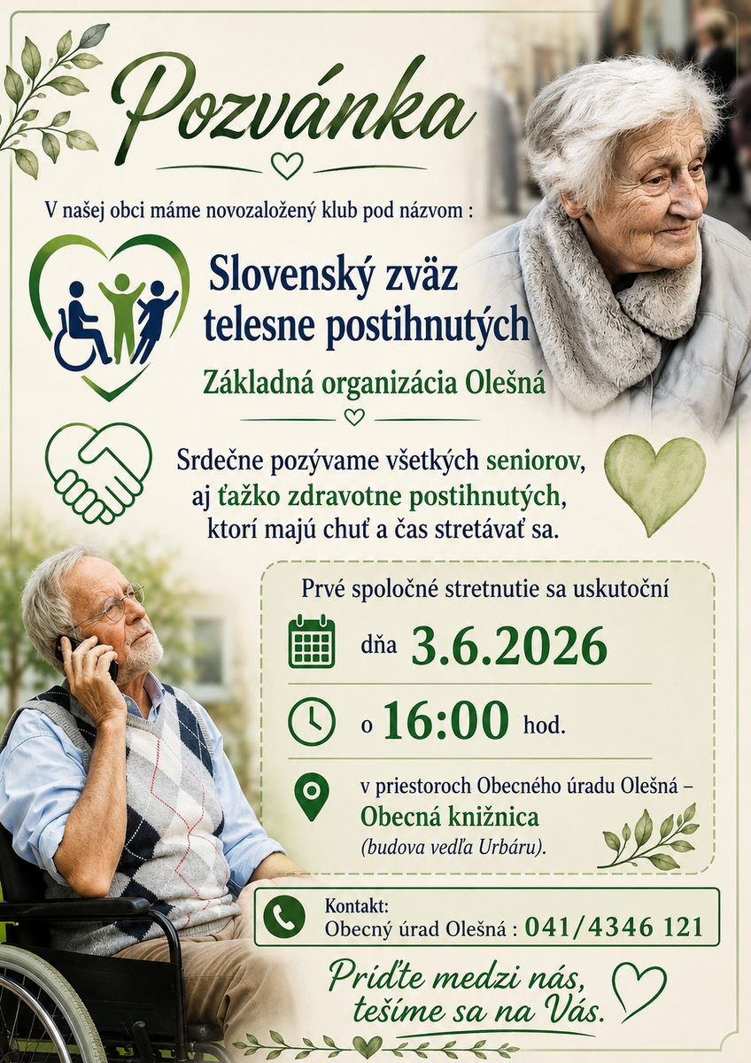Pozvánka  - Slovenský zväz telesne postihnutých - Základná organizácia Olešná