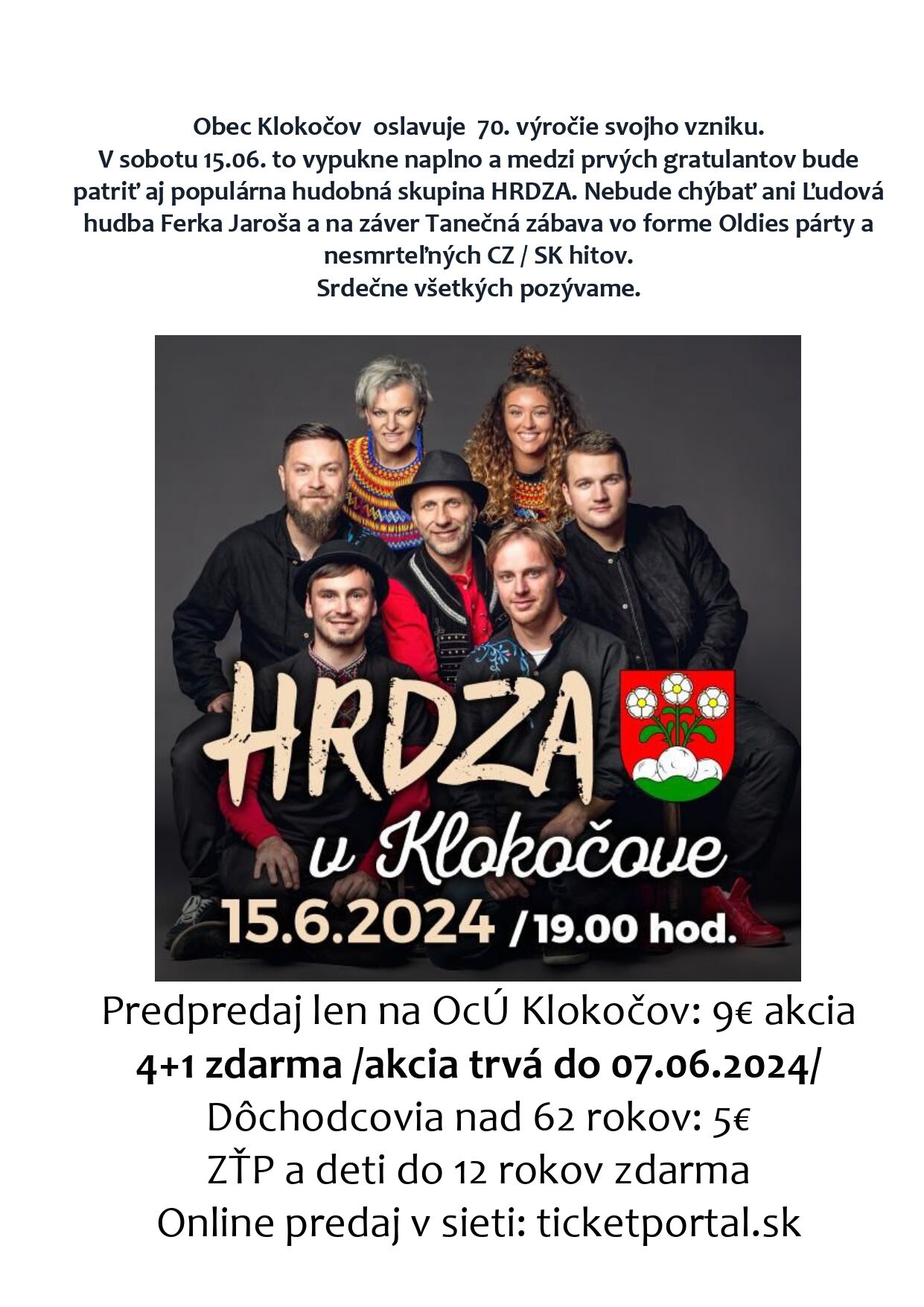 Pozvánka na hudobné vystúpenie - obec Klokočov 