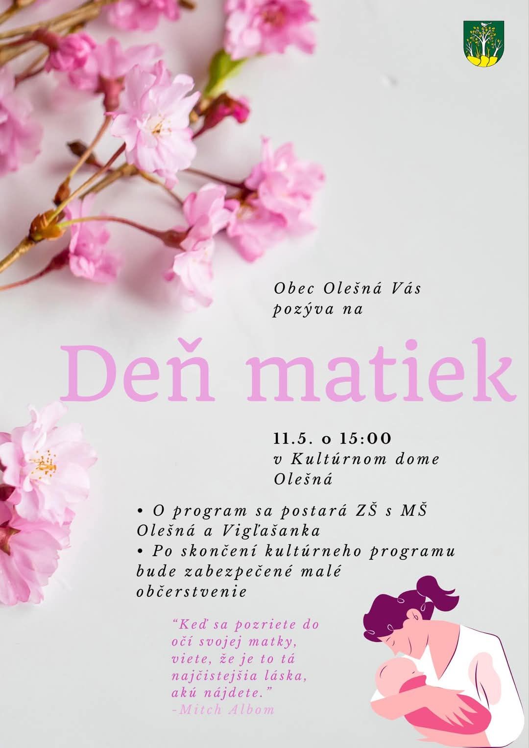 Pozvánka na Deň matiek v obci Olešná 
